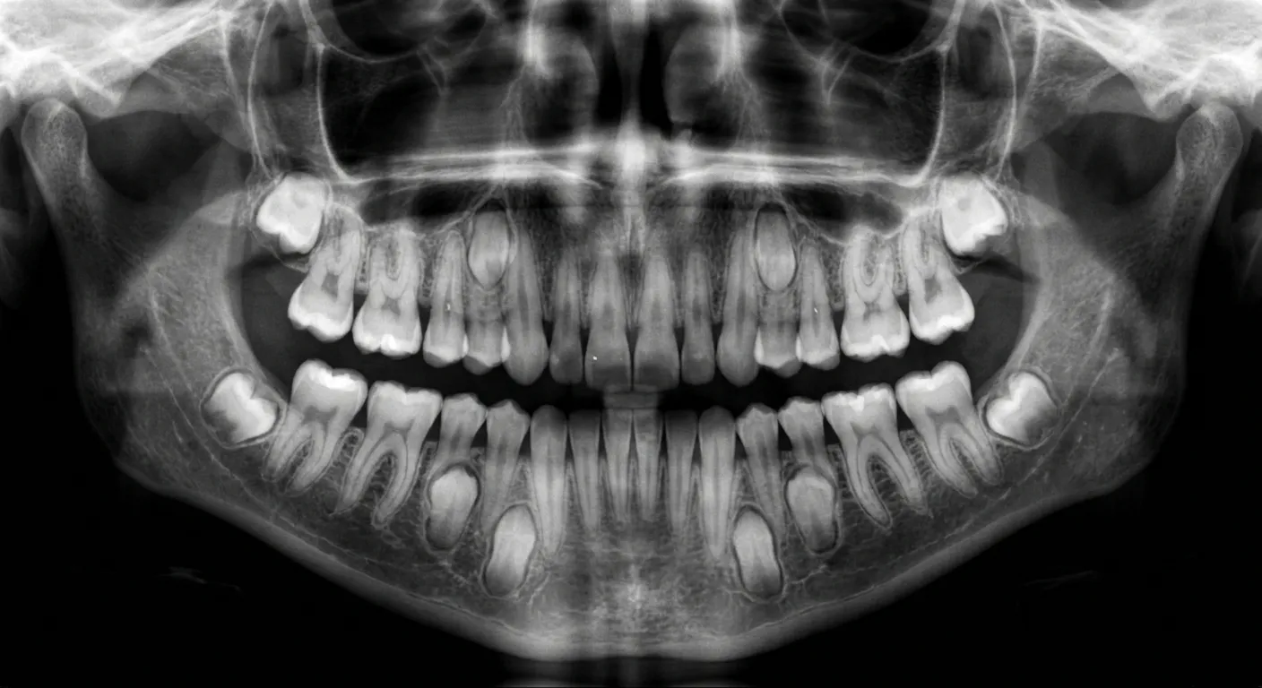 A panoramic dental radiograph showing a full set of developing permanent teeth in the jaw