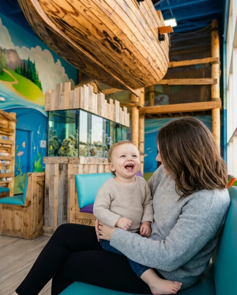 A young toddler patient celebrating a successful visit at Super Smiles, with a team member.
