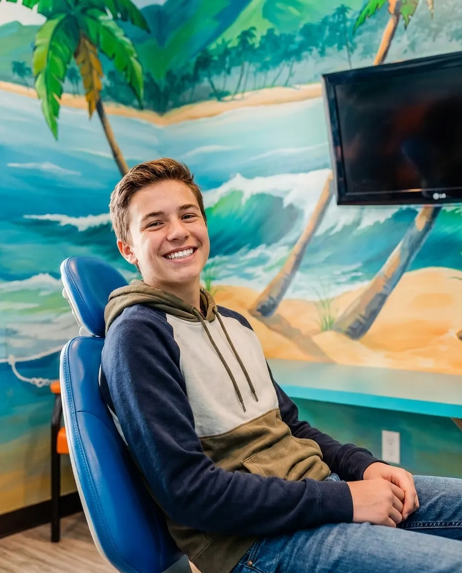 A smiling teenage patient relaxed in a Super Smiles treatment chair in front of a painted beach mural
